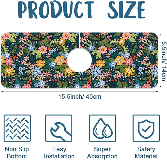 Colorful Flower Sink Splash Guard Faucet Mat Flowers Leaves Super Absorbent Fast Drying Mat Sink Gadgets-Splash Guard Behind Faucet Drip Catcher for Kitchen Bathroom, 15.5"x5.5"