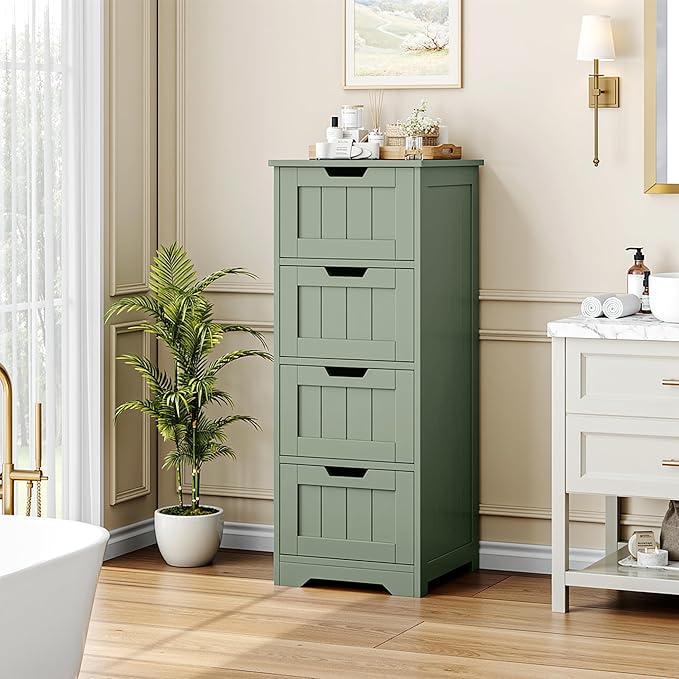 FOTOSOK Bathroom Storage Cabinet Set of 2, Bathroom Cabinet with 4 Drawers, 11.8” x 11.8” x 32.5” Freestanding Entryway Cupboard Storage Organizer Unit Home Furniture Decor, Green