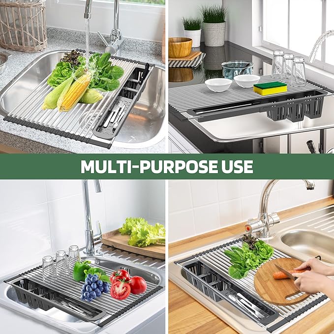 Extra Large Black Expandable Roll Up Dish Drying Rack,Over The Sink Kitchen Rolling up Dish Drainer, for Kitchen Sink Counter，Foldable Sink Cover with Removable Utensil Holder(Expandable Width Size)