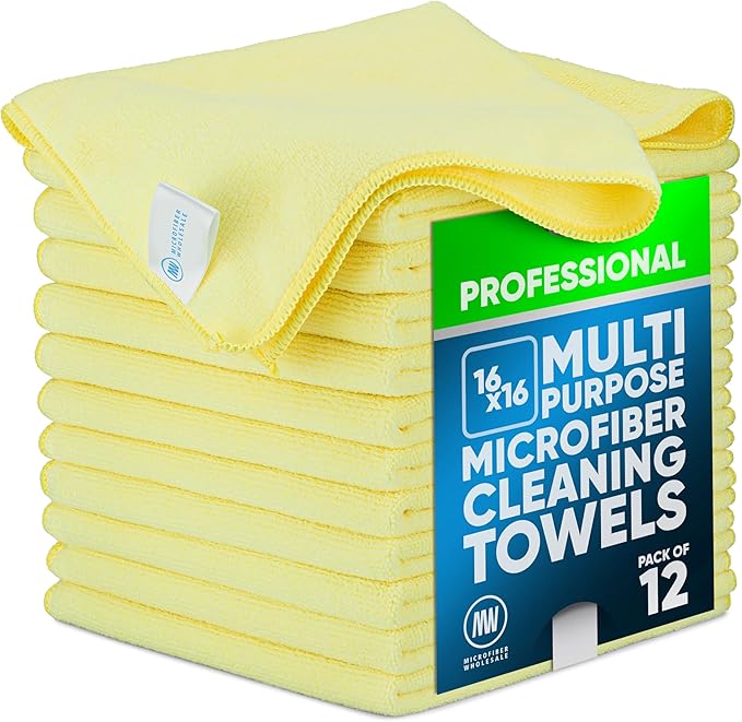MW Pro Microfiber Cleaning Cloth | Yellow (12 Pack) | Size 16" x 16" | All Purpose Microfiber Towels - Clean, Dust, Polish, Scrub, Absorbent