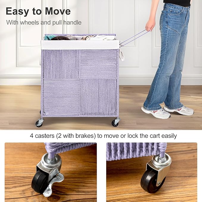 WOWLIVE Double Laundry Hamper with Lid, Handwoven Rolling Laundry Basket with Wheels, 115L Dirty Clothes Hamper with Removable Liner Bag Large Capacity Laundry Sorter Laundry Room Organization,Purple