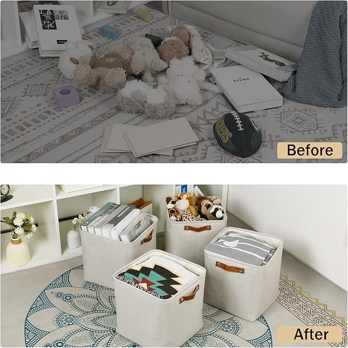 HNZIGE Foldable Cube Storage Bin(4 Pack) Storage Baskets for Shelves, Closet,12x12 Storage Cube Bins Baskets for Cube Organizer, Fabric Storage Cubes for Storage Home Organization with Handles(Cream)
