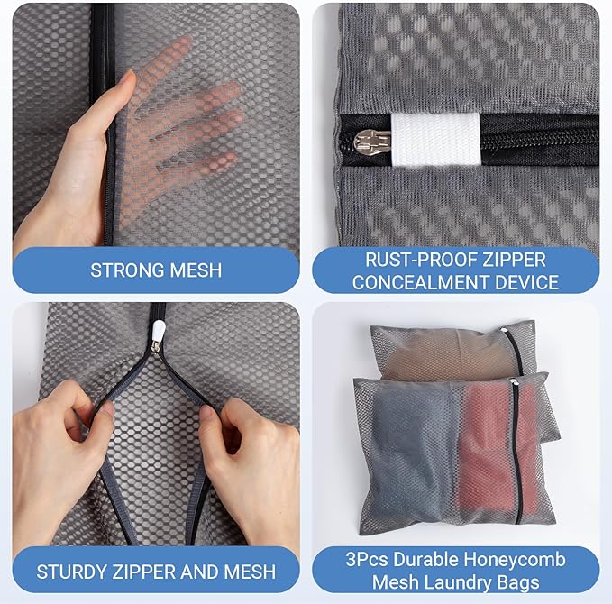 3Pcs 16 x 20 Inches Laundry Bags for Delicates, Durable Honeycomb Mesh Laundry Bags, Sturdy Zipper Laundry Bag for Lingerie, Clothes, Shoes, Socks, Gray