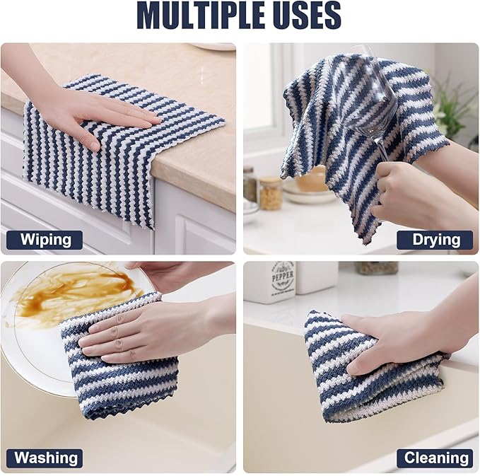 Homaxy 18 Pack Kitchen Dish Cloths, Ultra Soft and Absorbent Dish Towels, Reusable Fast Drying Microfiber Cleaning Cloth, Coral Velvet Wave Design No-lint, 10 x 10 inches, Dark Grey/Navy Blue/Beige