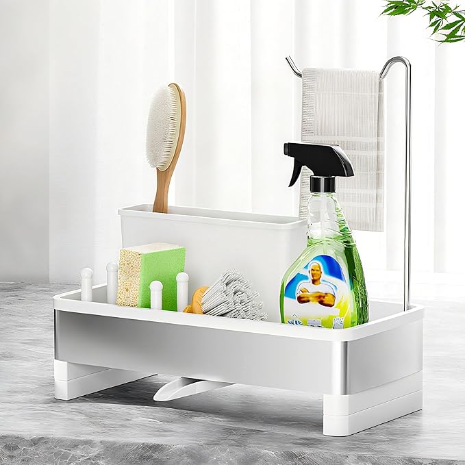 Ewaiira Stainless Steel Sink Caddy, Sponge Holder for Kitchen Sink with Brush Holder & Dishcloth Rack, Rustproof Sink Organizer Countertop, Kitchen Organizers Storage Essentials (E-White)