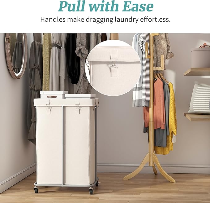160L Laundry Hamper with Wheels, Rolling Laundry Basket with Metal Frame and Removable Bag, Double Laundry Hamper 2 Section, Large & Tall Dirty Clothes Hampers for Bedroom Aesthetic, Laundry Room