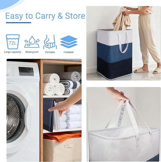 Stylish Freestanding Laundry Hamper with Portable Handles,72L Foldable Laundry Basket with Waterproof Liner,Bathroom Dirty Clothes Hamper,Multi-purpose Storage Bag Space-saving for Home,Dorm,RV(Blue)