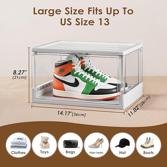 Thicken & Sturdy Clear Shoe Boxes with Magnetic Door, 3 Pack Stackable Multi-functional Shoe Storage, Shoe Organizer for Closet, Space Saving, 360 ° Dustproof & Moisture-proof, Fits Up to US Size 13