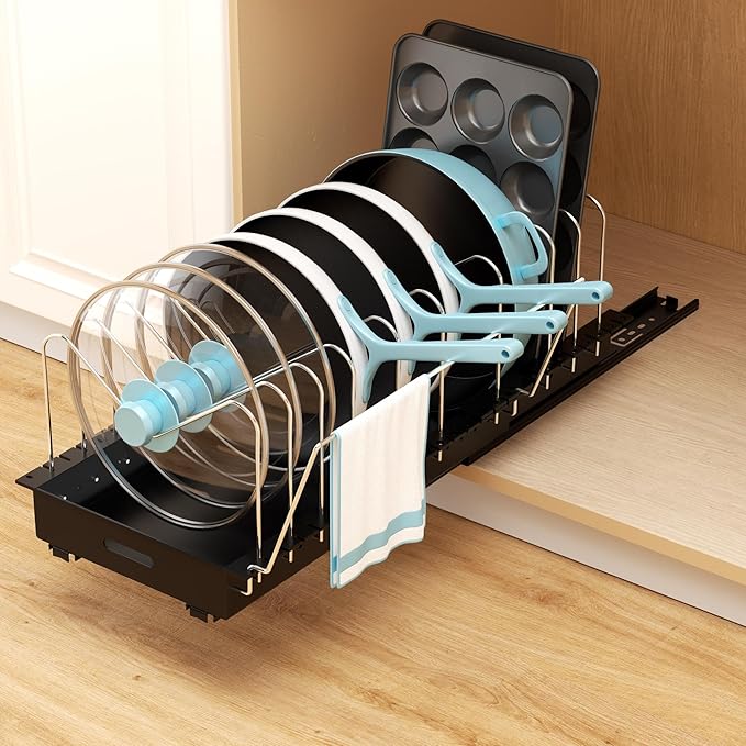 Golener Pots and Pans Organizer Under Cabinet - 22" Deep Expandable Pot Organizers inside Cabinet with 10 Adjustable Dividers &Handrail, No Drill Pot Lid Holder, Sliding Pot Lid Holder, 1 Pack