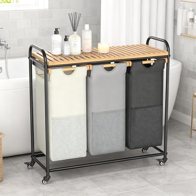 Laundry Hampers 3 Section, Laundry Sorter with Removable Shelf and Pull-Out Bags, Rolling Cart Clothes Hampers Basket with Wheels for Laundry Room Bathroom, 3 x 45 L (Black Beige Gray)
