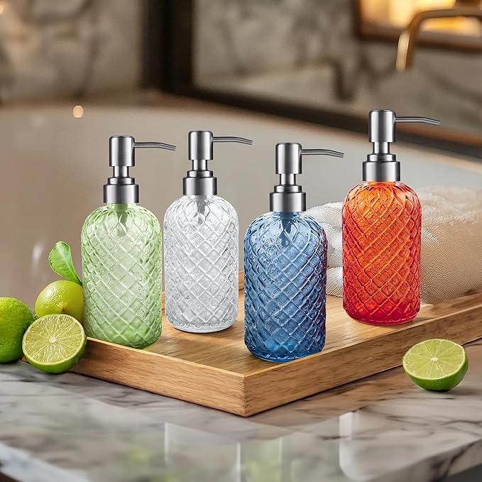 14 Oz Refillable Glass Soap Dispenser with Rust Proof Stainless Steel Pump, for Dispense Hand soap, Body wash, Lotion 2pack