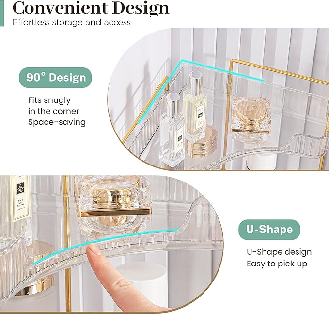 Aveniee Corner Bathroom Counter Organizer, Bathroom Countertop Shelf Makeup Storage, Clear Perfume Tray Holder (3 Tiers, White)