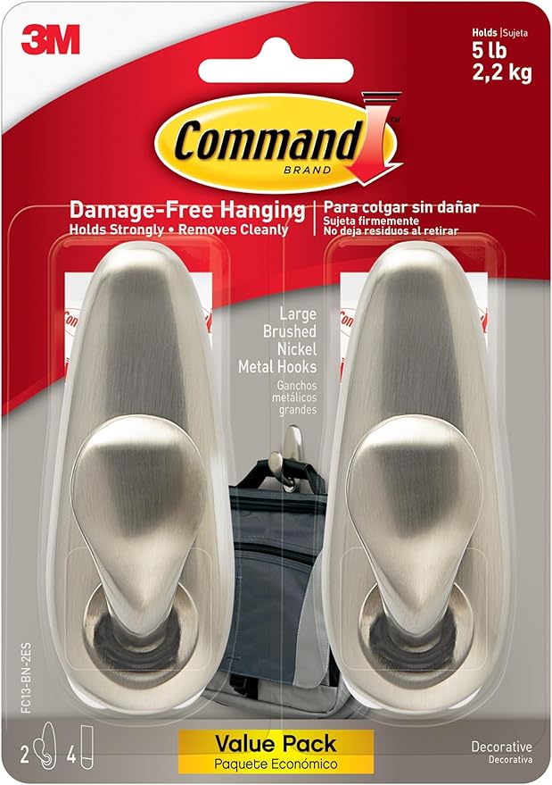 Command 5 lb Large Brushed Nickel Metal Hooks, 2 Coat Hooks and 4 Strips, Damage-Free Hanging with Adhesive, Great for Hanging Home and Room Decor
