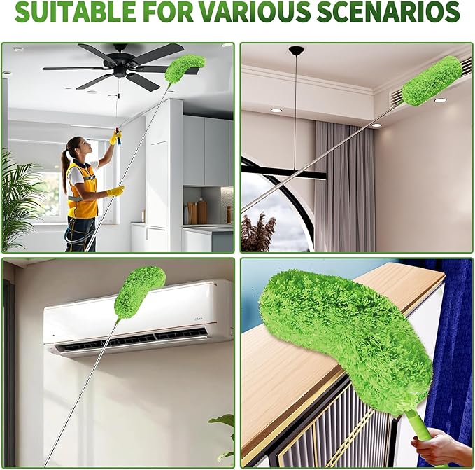 Cobweb Duster with Extension Pole, Washable Cleaning Duster Set with 2 Duster Heads, Corner Brush, 15-110-Inch Telescoping Pole for high Ceiling Fans, Long Duster for high Ceilings，Spider Web Brush