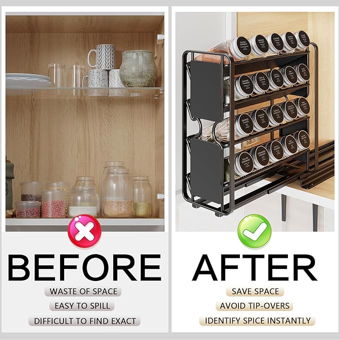 Spice Rack Organizer Drawer Cabinet: Pull Out Spice Seasoning Organization with 20 Jars - Facing Left or Right with Labels and Chalk Maker 4 Tier Slide Out Kitchen Storage for Countertop Wall Mount