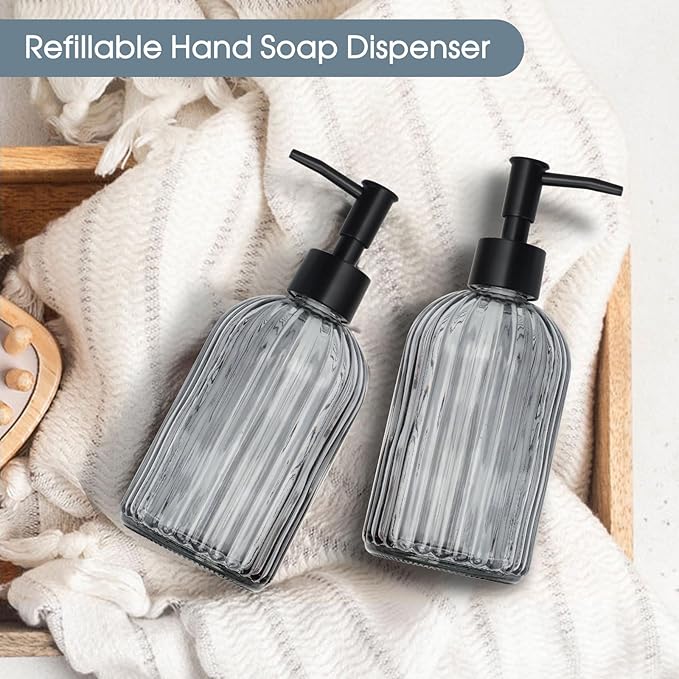 Topsky 2 Pack Glass Soap Dispenser with Plastic Pump,400ml Liquid Hand Soap Dispenser,Rustproof Pump for Kitchen & Bathroom,Great for Lotions,Essential Oil,Liquid Soaps,Gray