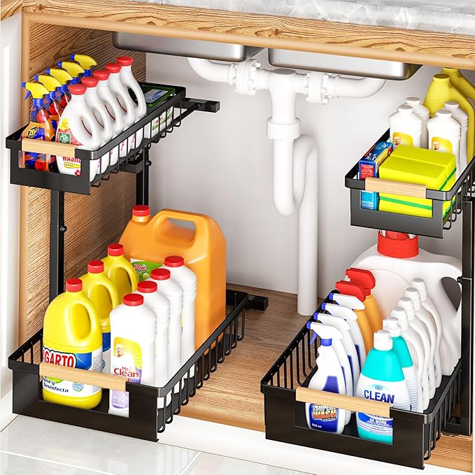 GUUKAR Under Sink Organizer 2-Pack Pull out Cabinet Organizer 2 Tier Metal Shelf Undersink Rack for Kitchen Bathroom Pantry Cabinet Organization and Storage, Black