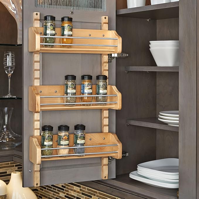 Rev-A-Shelf Wall Storage Organizer for Kitchen Cabinets, Door-Mounted Spice Rack with 3 Adjustable Shelves, Maple Wood, 4ASR-21