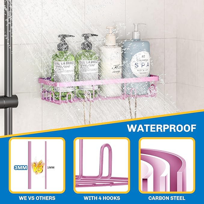 Shower Caddy 18 Pack,Adhesive Organizer for Bathroom Decor Accessories & Kitchen Storage,No Drilling,Large Capacity,Rustproof Stainless Steel Organizer,Home Decor Shelves (Pink 18 Pack)