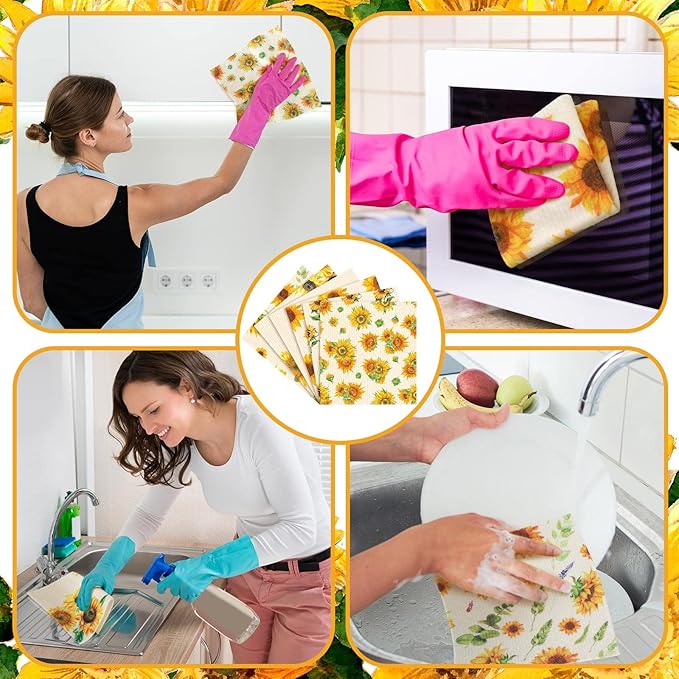 Sunnyray 12 Pcs Swedish Kitchen Dish Towels Dishcloth Reusable Sponge Cleaning Cloth Kitchen Towels Absorbent Washable Dish Cloth Drying Hand Towel(Yellow,Sunflower)