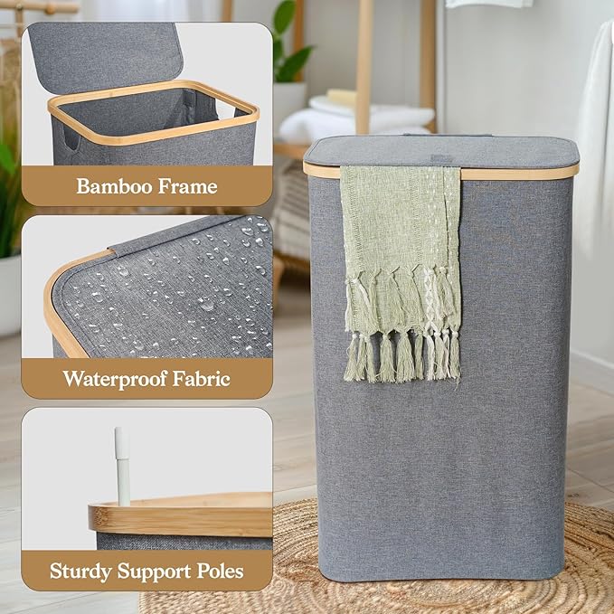 Laundry Baskest with Lid, 100L Large Tall Laundry Hamper with Removable Bag, Collapsible Laundry Hamper for Bedroom, Bathroom, Dorm, Laundry Room, Grey