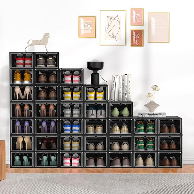 MCIJRJOI 12 Pack Hard Sturdy Thickened Rigid XX Large Shoe Storage Organizer for Closet, Clear Stackable Sneaker Shoe Boxes Rack Containers Display Case Bins with Lids, Black03