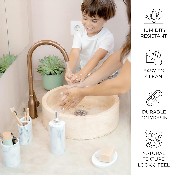ZCCZ Bathroom Accessory Set, 4 Pcs Marble Look Bathroom Vanity Countertop Bathroom Décor Sets Accessories with Soap Dispenser, Toothbrush Holder Set, Tumbler, Soap Dish