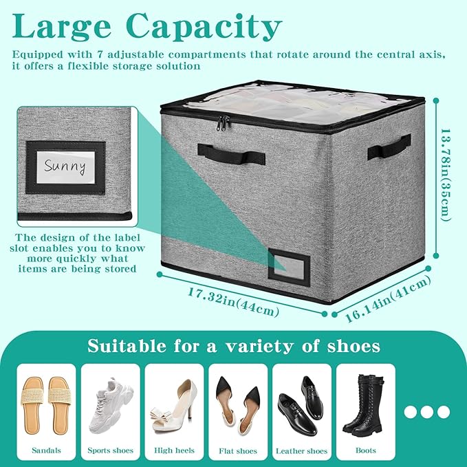 Shoe Organizer for Closet, Stackable Shoe Box w/Clear Cover & Reinforced Handles, Fits 16-32 Pairs, Adjustable Dividers for Sneakers Heels, for Home Travel Entryway, Grey