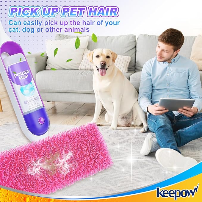 KEEPOW Reusable Microfiber Mop Pads for Swiffer PowerMop, 4 Count, Pink, Machine Washable, Compatible with 13-15 Inch Spray Mop, Multi-Surface Floor Cleaning