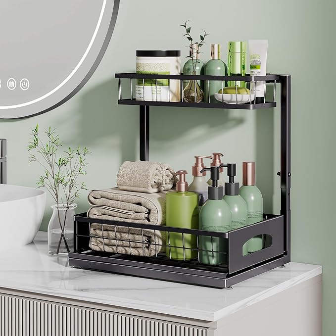 Under Sink Organizer , 2 Pack Height Adjustable Cabinet Organizer with Slide Out Drawer, Pull Out Under Sink Storage, Multi-Purpose 2 Tier Sink Shelves for Kitchen Bathroom Pantry (Black, 2 Pack)