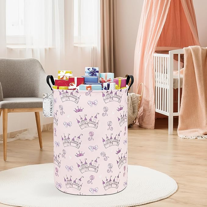 FANKANG Storage Basket, Nursery Hamper Canvas Laundry Basket Foldable with Waterproof PE Coating Large Storage Baskets for Kids Boys and Girls, Office, Bedroom, Clothes,Toys(Princess Castle)