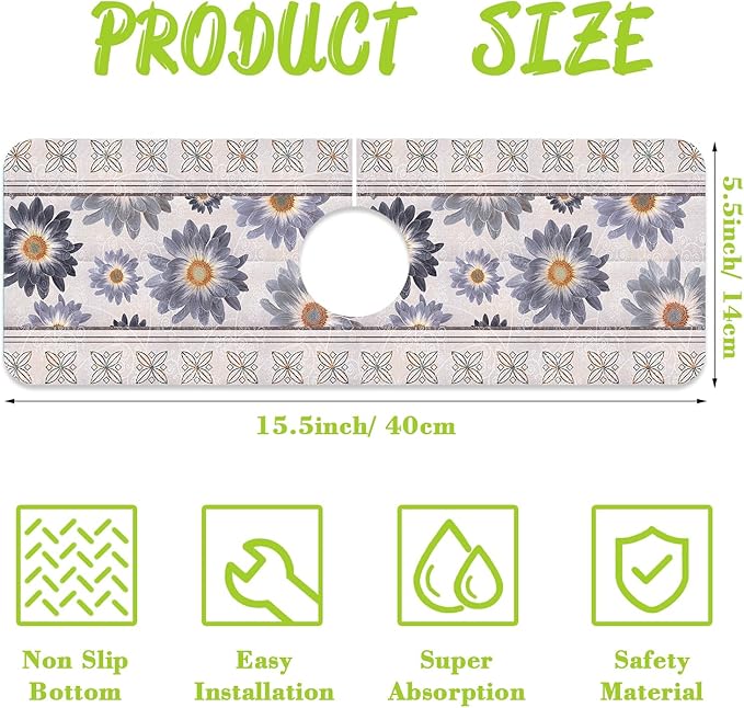 Sink Faucet Absorbing Mat Vintage Embroidery Flowers Sink Splash Guard Drying Mat for Kitchen Bathroom Faucet Sinkmat 15.5"X5.5"