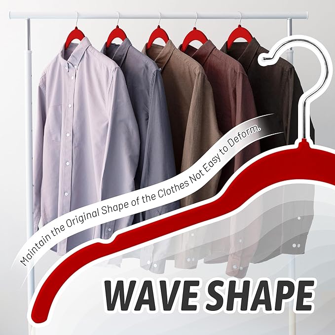 SIshynio 30 Pack Velvet Hangers – Non-Slip Slim Clothes Hangers with 360° Swivel Hook, Heavy Duty Flocked Shirt Hangers for Dresses, Suits, Blouses, Coats(Red)