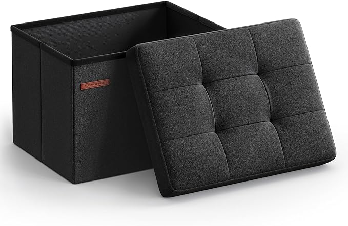 SONGMICS MAZIE Collection - Small Folding Storage Ottoman, Foot Rest Stool, 12.2 x 16.1 x 12.2 Inches, 286 lb Load Capacity, for Living Room, Bedroom, Home Office, Dorm, Ink Black ULSF102B01