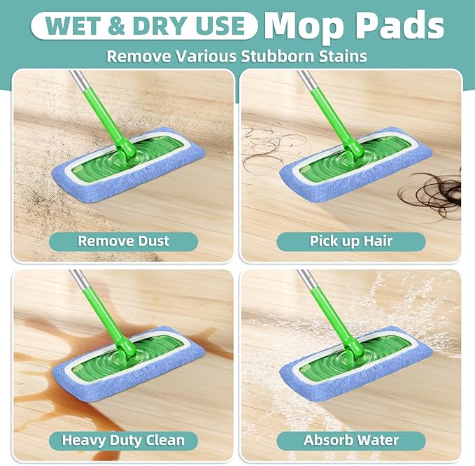 Reusable Mop Pads Compatible with Swiffer Sweeper Mop, Microfiber Dry Sweeping Cloths & Machine Washable Wet Pads Refill for Use on All Sealed Floors - Stone, Hardwood, Laminate & Tile (3 Blue)