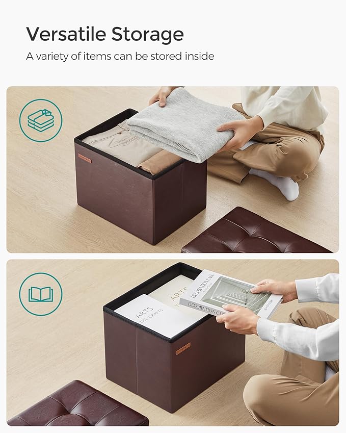 SONGMICS Small Folding Storage Ottoman, Foot Rest Stool, Cube Footrest, Synthetic Leather, 12.2 x 16.1 x 12.2 Inches, 286 lb Capacity, for Living Room, Bedroom, Dorm, Chestnut Brown ULSF100K02