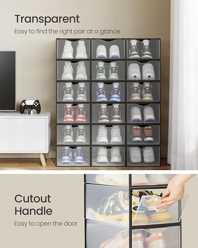 SONGMICS Shoe Boxes, Shoe Storage Organizers Rack for Closet, Plastic Stackable Sneaker Containers Case, 18 Pack, Transparent and Ink Black ULSP318B01