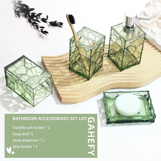 Green Bathroom Accessories Set with Toothbrush Holder, Soap Dispenser, Tumbler, Soap Dish, Sage Green Bathroom Decor, Acrylic (Green-4pcs)