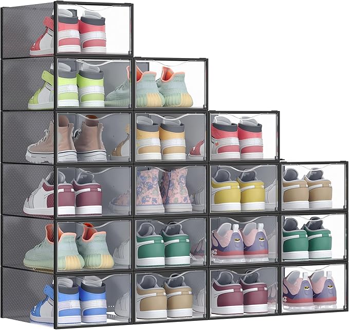 SONGMICS Shoe Boxes, Shoe Storage Organizers Rack for Closet, Plastic Stackable Sneaker Containers Case, 18 Pack, Transparent and Ink Black ULSP318B01
