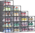 SONGMICS Shoe Boxes, Shoe Storage Organizers Rack for Closet, Plastic Stackable Sneaker Containers Case, 18 Pack, Transparent and Ink Black ULSP318B01