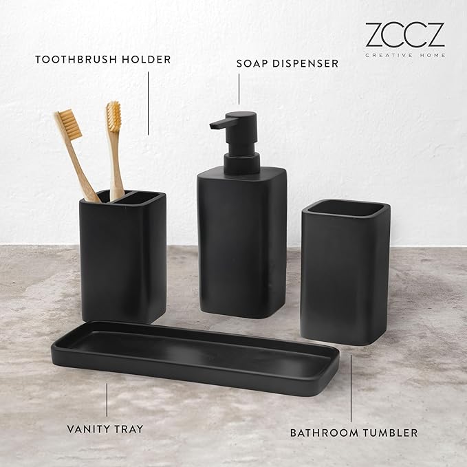 ZCCZ Beige Bathroom Accessory Sets, 4 Pieces Bathroom Accessories Complete Set Vanity Countertop Accessory Set, Includes Lotion Dispenser Soap Pump, Tumbler, Toothbrush Holder and Tray