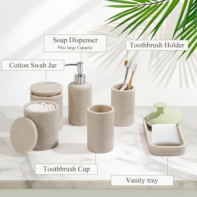 6-Piece Bathroom Accessories Set, Bathroom Accessory Set with Soap Dispenser, Toothbrush Holder Set, Vanity Tray, Tumbler & 2 Cotton Swab Jars, Modern Stylish Bathroom Organizer(Beige)