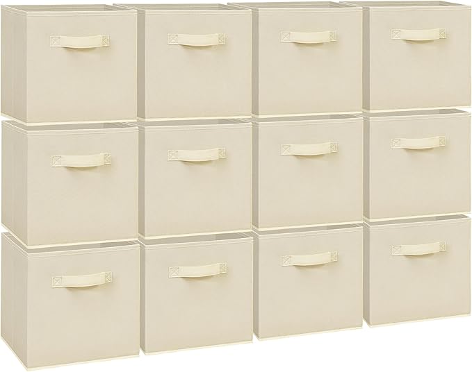 Easi 11 inch Cube Storage Bins, 12 Storage Cube Organizer, Collapsible Fabric storage cubes with Handles, Closet Storage Basket For Organization, Shelf Basket For Shelves Clothes Books, Beige