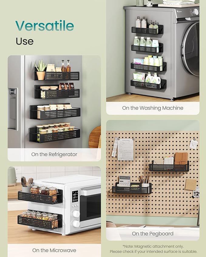 SONGMICS Strong Magnetic Spice Rack for Refrigerator, Set of 4, 2 Large and 2 Small Kichen Magnetic Shelves for Microwave, Washing Machine, Spice Organizers, No Drilling Needed, Ink Black UKCS061B01