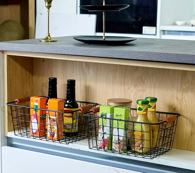 Wire Kitchen Storage Basket 4 Packs,Perfect Pantry Organization Accessories Baskets,Laundry Basket,With a Wooden handle,Suitable for Kitchen,Bathroom,Bedroom,Tabletop,Stackable,Black