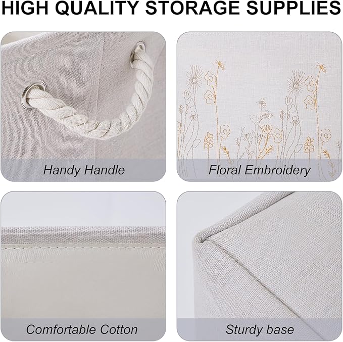 Storage Basket 3 Pack, Fabric Storage Basket for Three Sizes，Floral embroidery,Collapsible Canvas Storage Baskets for Organizing,Shelf,Nursery,Home,Closet,with Cotton Rope Handle(Off White-3PCS)