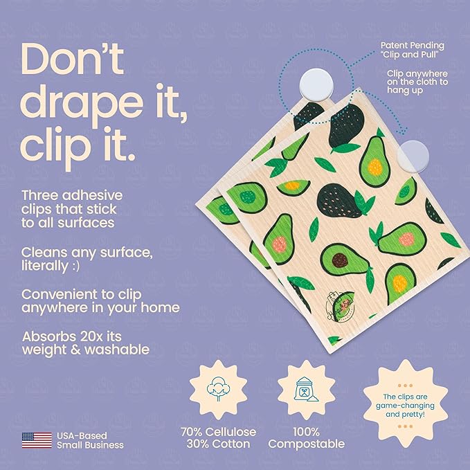 Harps&Seb Swedish Dishcloths for Kitchen Dishcloths - 6 Pack, Reusable Paper Towels with Clips, Super Absorbent Washable Non-Scratch Swedish Dish Towels, No Odor, Biodegradable