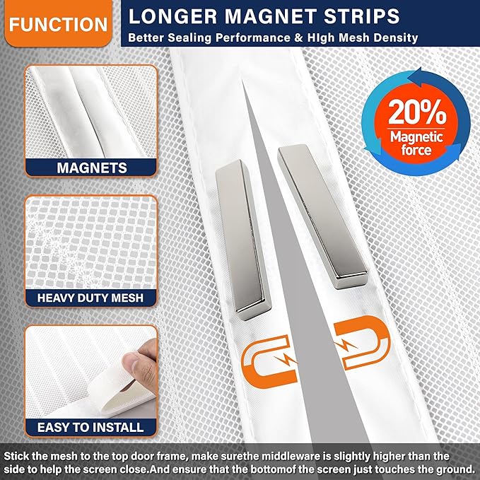 Magnetic Screen Door,Self Sealing Magnets, Easy Install Screen Doors with Magnets,Pet & Kid Friendly- Fits Doors up to 36 x 80 Inches White