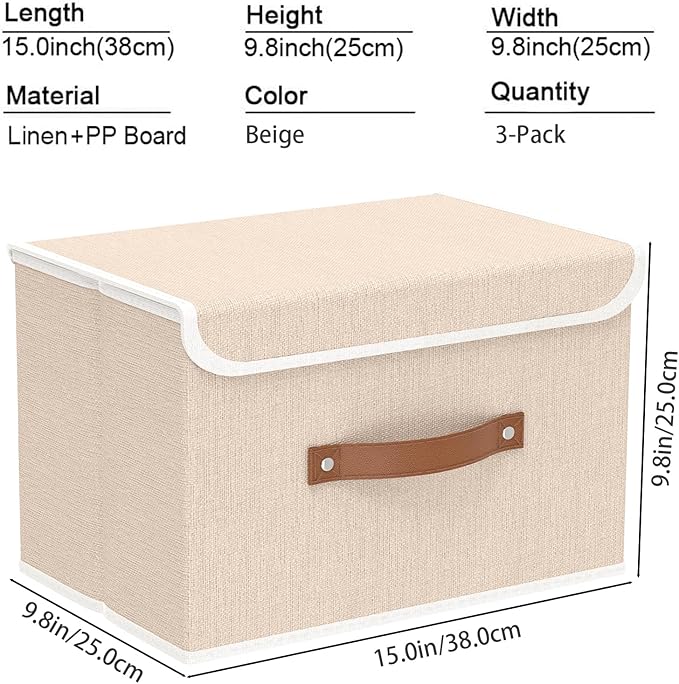 Yawinhe Collapsible Storage Boxes, Linen Fabric Baskets, Bin with lid and Leather Handle, Washable, for Home, Closet, Beige, 15.0''Lx9.8''Wx9.8''H, 3-Pack, USNK024BEL-3