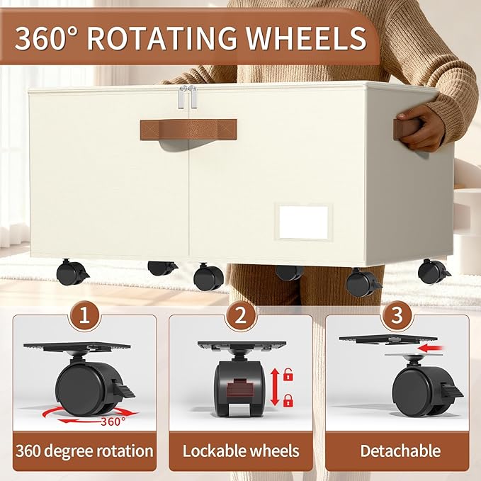 Shoe Organizer for Closet, Shoe Storage Organizer with Wheels and Adjustable Dividers, Stackable Shoe Storage Box with Clear Cover, Foldable Closet Shoe Organizer Fits up to 24-48 Pairs, Beige